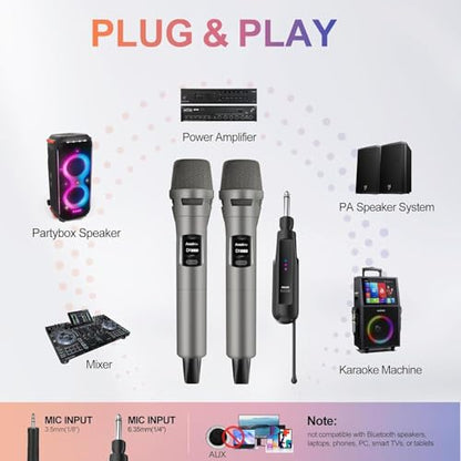 Aveek Wireless Microphone 2-Pack, 100ft Range,10Hs Battery for Karaoke | Rechargeable Receiver and Mics, Clear Sound, Noise Cancellation, Amps Via 6.35/3.5Mm, for Church, Party, Wedding, DJ & Events - color: Gray