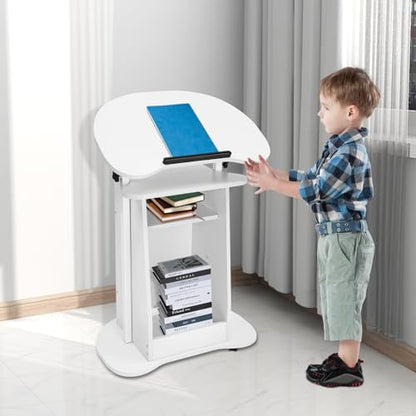 Portable Podium Stand, Mobile Height Adjustable Church Classroom Lecture Teacher Speaker Presentation Stand Concert Podium Standing Desk Laptop Holder (White) - color: White