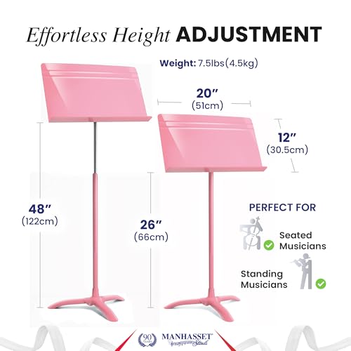 Manhasset Music Stand For Sheet Music - 48 Symphony Model - 4801PNK - Long Lasting, Durable Manhasset Stand - Adjustable Height - 20" by 12 | Long Lasting Durable Manhasset Stand, Adjustable Height, 20" x 12" Desk, Classroom, Orchestra and Band Use - colo