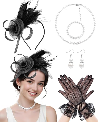 Fascinators Hat for Women Tea Party Tulle Mesh Headband Feather Hat for Women Veil Tea Party Hats - color: Black