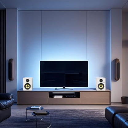 Sanyun SW206 80W 2.0 Active Bookshelf Speakers, Dual-Mode Creator & Music | 4" Carbon Fiber + 25mm Silk Dome, 24bit DAC, 6.35mm TRS Balanced + (Optical/Coaxial/AUX/USB/BT) Inputs, MDF, (Pair, White) - color: White