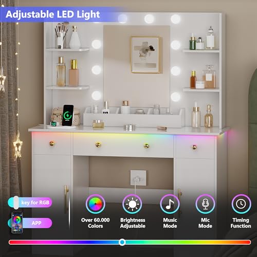 HUANLEGO Vanity Desk with Mirror and Lights, Makeup Vanity with Mirror and LED Lights & Power Outlet, 3 Drawers and Cabinets, 3 Lighting Modes Dressing Table Set for Girls Women Bedroom, White - size: 43.7x15.7x57.6 in, style: White