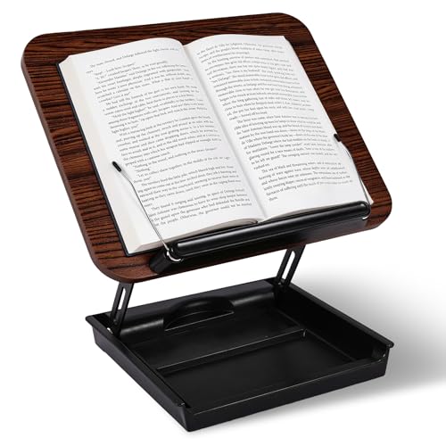 Wooden Book Stand for Reading with Storage Box Non-Slip Base | Adjustable Height & Angle, Foldable Desktop Riser with Page Clip, Hands Free, for Kitchen Counter, Cookbook, Recipe, Laptop