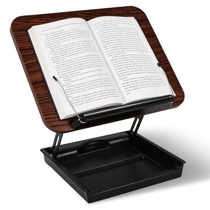 Wooden Book Stand for Reading with Storage Box Non-Slip Base | Adjustable Height & Angle, Foldable Desktop Riser with Page Clip, Hands Free, for Kitchen Counter, Cookbook, Recipe, Laptop
