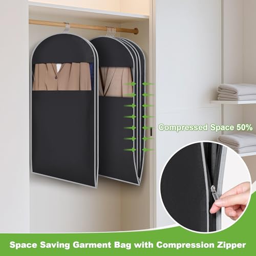 KEEGH Compression Garment Bags, Large Hanging Garment Bag 40 In, 3 PCS | Self Compression Zipper, Large Capacity, Clear Window, 8 In Gusset, Premium Suit Bags for Shirts, Suits, Dresses - size: 40"-3PCS