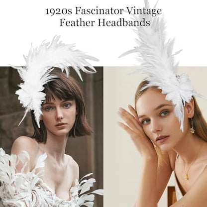 Loieryk Feathers Fascinator Headband 1920s Queen Headpiece Fascinators Hats for Women Tea Party Flower Headpiece - color: White
