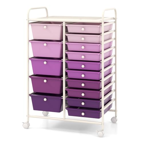 HAPPYGRILL 15-Drawer Rolling Cart, Storage Carts with Removable Drawers & Steel Frame, Utility Cart on Lockable Wheels for Home, School, Office (Purple Gradient) - color: Purple Gradient, size: 15 Drawer