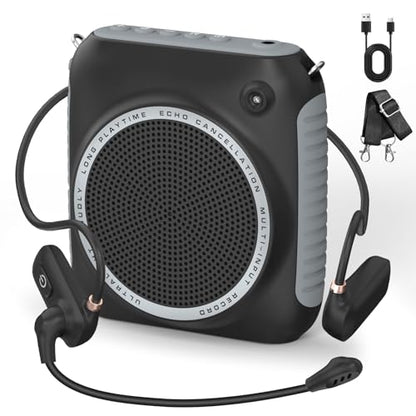 Wireless Voice Amplifier with Headset Microphone, Mini Portable | Voice Amplifier for Teachers, Classroom, Fitness, Yoga, Tour Guides, Coaches, Speech, Elderly Outdoors-Black