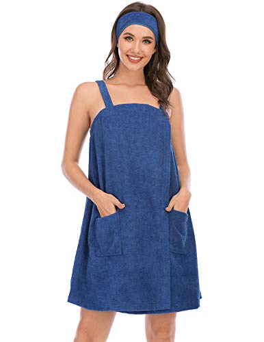Veseacky Women Bath Wrap Towel for Womens Shower with Pocket Adjustable Spa Robe & Facial Headband - color: Blue, size: XX-Large