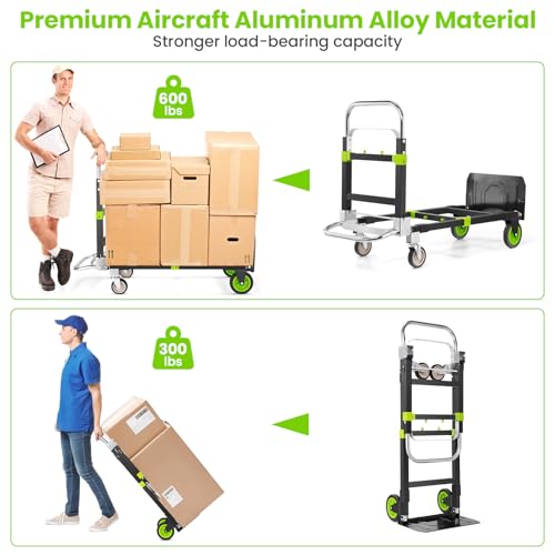 3-in-1 Folding Hand Truck, 600lb Convertible 4 to 2 Wheel Dolly Cart Green | For home office warehouse garage farm gym, carbon steel frame, base expands 35-44in, swivel rubber wheels, folds flat - color: Green