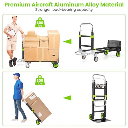 3-in-1 Folding Hand Truck, 600lb Convertible 4 to 2 Wheel Dolly Cart Green | For home office warehouse garage farm gym, carbon steel frame, base expands 35-44in, swivel rubber wheels, folds flat - color: Green