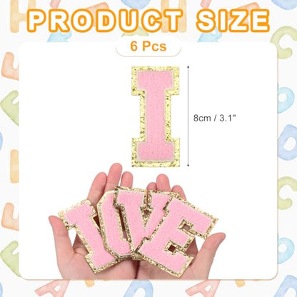 MECCANIXITY Chenille Letter Patches 3.1" Alphabet I Iron on Embroidered Patch Sew on Letter Stickers Applique for Repairing Clothing Jeans Shoes Hats DIY(Pink, Pack of 6) - style: Letter-I