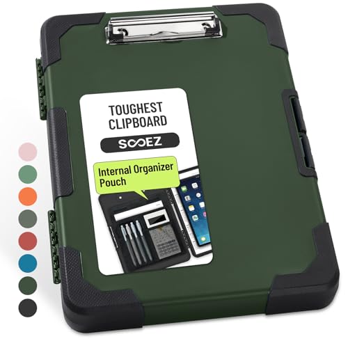 Sooez Toughest Clipboard with Storage, Internal Pen Pouch Included, Letter/ A4 Size, Shockproof Heavy Duty Plastic Clip Boards 8.5x11”, High Capacity Clipboards Box Case for Contractor Trucker Driver - color: Dark Green With Black Corner