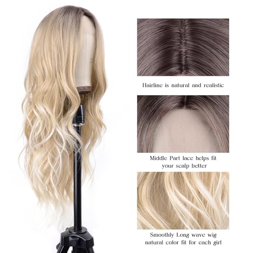 Aida ble Blonde Ombre Wig for Women 26inch Long Wavy Middle Part Wig | Natural Looking Synthetic Hair,Suitable for Daily Wear,Party,Halloween and Cosplay,Beginner-friendly,Lightweight and soft - color: Ombre Blonde
