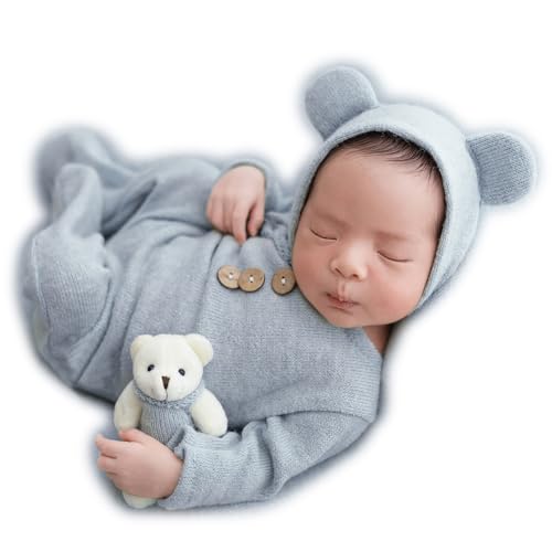 Zeroest Newborn Photography Bear Outfit Baby Photoshoot Props | New Born Boy Girl Hat Clothes Set, Infant Photo Prop Outfits - color: Light Blue