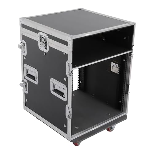 14U PA DJ Pro Audio Rack Road Case w/Slant Mixer Top, Heavy Duty Mobile Studio Equipment Cabinet w/4 Wheels, Network and Stereo Rack DJ Mixer Rack for Mixers & Live Sound - size: 14U / Side Tables & 4 Wheels