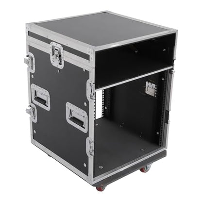 14U PA DJ Pro Audio Rack Road Case w/Slant Mixer Top, Heavy Duty Mobile Studio Equipment Cabinet w/4 Wheels, Network and Stereo Rack DJ Mixer Rack for Mixers & Live Sound - size: 14U / Side Tables & 4 Wheels