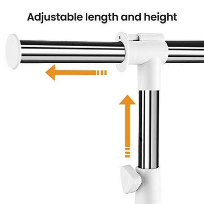 LiaMeE Adjustable Clothing Rack for Hanging Clothes, Heavy Duty Garment Rack with Wheels，Free Standing Rolling Clothes Rack with Shelf & Grid, Easy Assembly Standard Rod, White & Chrome - color: White