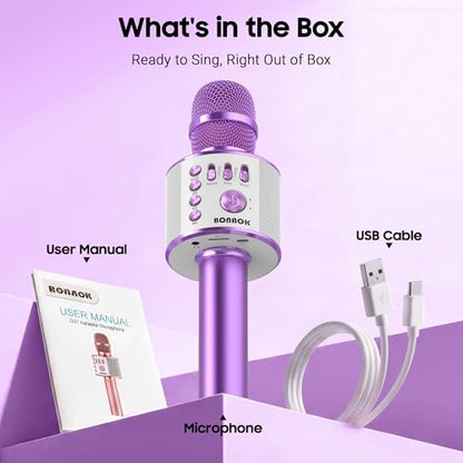 BONAOK Wireless Bluetooth Karaoke Microphone, 3-in-1 Portable Handheld Mic Speaker Machine for All Smartphones, for Girls Boys Kids Adults All Age Q37(Light Purple) | Bluetooth 5.0, Echo Mode,Built-in Speaker, SD Card, for iPhone iPad, Handheld,Home Karao
