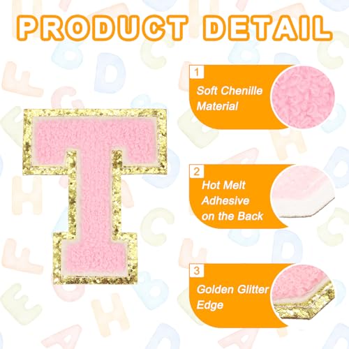 MECCANIXITY Chenille Letter Patches 3.1" Alphabet T Iron on Embroidered Patch Sew on Letter Stickers Applique for Repairing Clothing Jeans Shoes Hats DIY(Pink, Pack of 6) - style: Letter-T