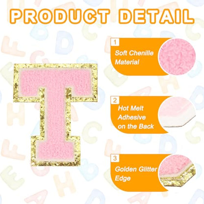 MECCANIXITY Chenille Letter Patches 3.1" Alphabet T Iron on Embroidered Patch Sew on Letter Stickers Applique for Repairing Clothing Jeans Shoes Hats DIY(Pink, Pack of 6) - style: Letter-T
