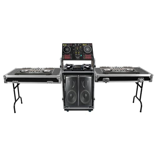 14U Mobile PA DJ Rack Road Case, Network & Stereo Rack with DJ Mixer Tops, Heavy-Duty 2-Tier Studio Equipment Cabinet with 4 Wheels, Amplifier Mixer Storage Stand for Live Sound, KTV, Home Theater - size: 14U / 2 Side Tables