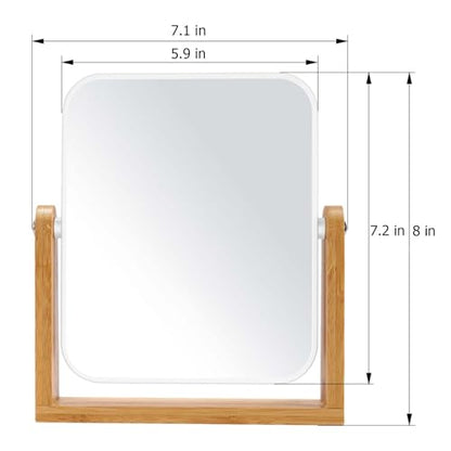 LFOYOU Vanity Makeup Mirror with Natural Bamboo Stand, Double Sided 360 Degree Swivel Magnifying Mirror, Tabletop Magnified Make up Mirror for Bathroom or Bedroom 8 Inch - size: 8"L x 7.1"W