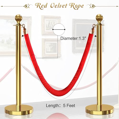 2PCS Red Velvet Stanchion Rope 5 Ft Crowd Control Ropes Barrier with Gold Hooks for Party - color: Red&Gold, size: 2PCS