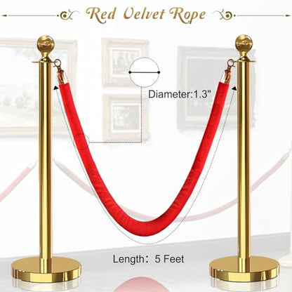 2PCS Red Velvet Stanchion Rope 5 Ft Crowd Control Ropes Barrier with Gold Hooks for Party - color: Red&Gold, size: 2PCS