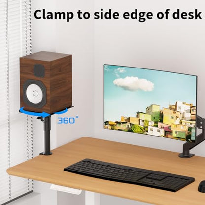 suptek Clamp-on Speaker Stand Desk Mount Set, Height Adjustment, Swivel, 9.6 x 8.8 inch Trays, Universal Audio Holders for Bookshelf Speakers, Elevated Sound, 2 Pack, Black, SDM001G - size: Fixed Speaker Stands