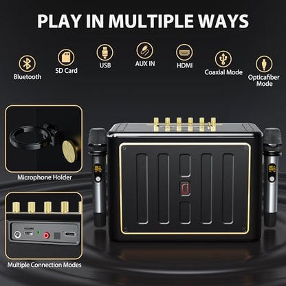 JYX Karaoke Machine with 2 Wireless Microphones, Portable Bluetooth Singing PA System Bass/Treble Adjustment, Supports TV Connetion/Bluetooth/USB/TF/AUX for Home Party - color: Gold