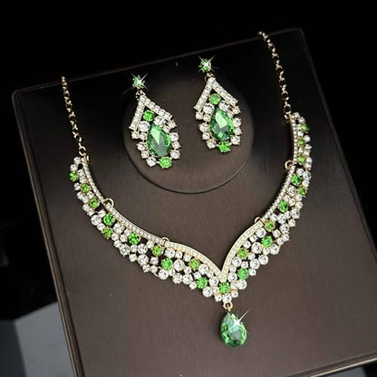 Tiaras Crowns for Women,Wedding Jewelry Set, Tiaras Necklace Earrings Crystal Bridal Wedding Jewelry Sets for Brides Bridesmaid Prom Costume Accessories - color: Gold lack green