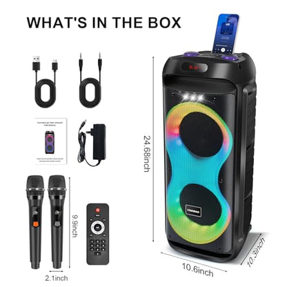 Bluetooth Karaoke Speaker with 2 Wireless Microphones – 40W Portable PA System with LED Lights, TWS Pairing, 6.5” Dual Woofers, Rolling Wheels, Rechargeable Battery - for Party/Home/Outdoor