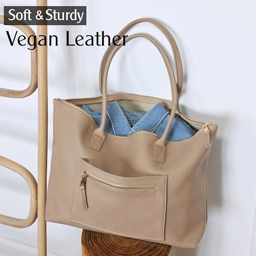 HOXIS Tote Bag for Women with Zipper Vegan Leather Handbag with Trolley Sleeve Travel Weekender Carryall Bag - color: Nude