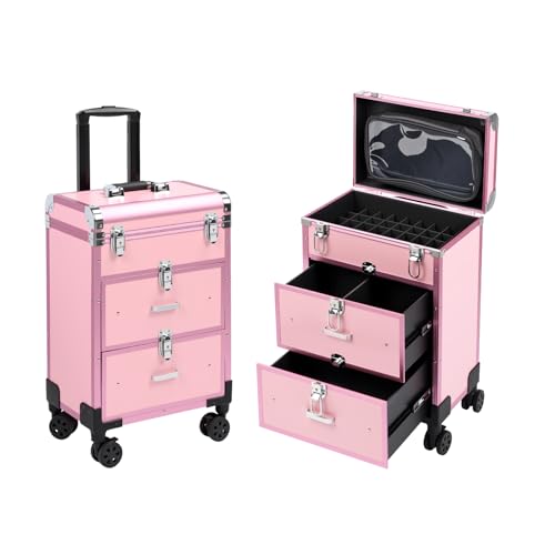 3 in 1 Rolling Makeup Case, Professional Cosmetology Case on Wheels, Detachable Clear Makeup Bag & Nail Polish Organizer, Portable Makeup Trolley with Drawers for Makeup Artists & Nail Technicians - color: Pink