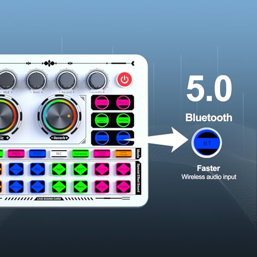 F999 White Live Streaming Sound Card, Professional Audio Mixer, Voice Changer Soundboard with Audio Interface, Bluetooth, Noise Reduction, DJ Mixer Board for Live/Podcasting/Gaming - color: White