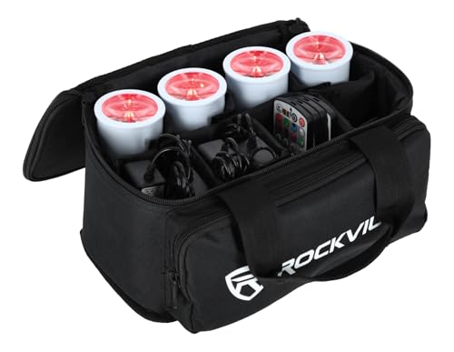 Rockville 4 Pack MINI Halo White DJ Wash Lights + Bag, Wireless DMX, 17 Hour Battery, Wireless DMX, RF Remote | Wireless DMX, RF Remote, 10-17 Hr Runtime, Compact Aluminum, Sound Activated, LCD Display, Adjustable 31-64 Degree Lens - color: White