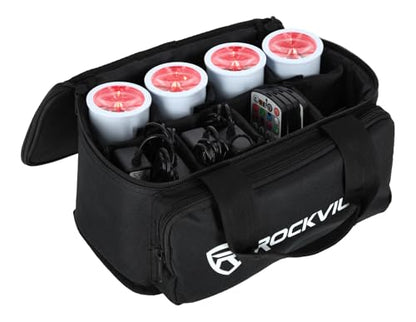 Rockville 4 Pack MINI Halo White DJ Wash Lights + Bag, Wireless DMX, 17 Hour Battery, Wireless DMX, RF Remote | Wireless DMX, RF Remote, 10-17 Hr Runtime, Compact Aluminum, Sound Activated, LCD Display, Adjustable 31-64 Degree Lens - color: White