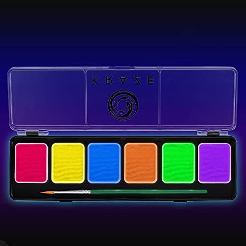 Kraze FX 6 Color Neon Face& Body Paint Palette (6 gram) with Brush - Water Activated, Professional UV Glow Blacklight Reactive Face Painting Kit, Hypoallergenic & Non-Toxic, Safe for Sensitive Skin - size: 7.5" x 2.5" 0.5"