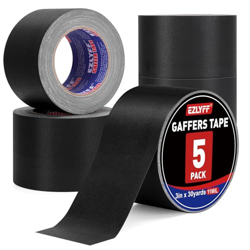 Black Gaff Tape 5 Pack, 3 Inch x 30 Yards Black Gaffers Tape, Waterproof, No Residue, Non-Reflective, Easy Tear Gaffers Stage Tape, 11 Mil Matte Gaffers Tapes for Stage, Photography, Studio.