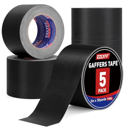 Black Gaff Tape 5 Pack, 3 Inch x 30 Yards Black Gaffers Tape, Waterproof, No Residue, Non-Reflective, Easy Tear Gaffers Stage Tape, 11 Mil Matte Gaffers Tapes for Stage, Photography, Studio.
