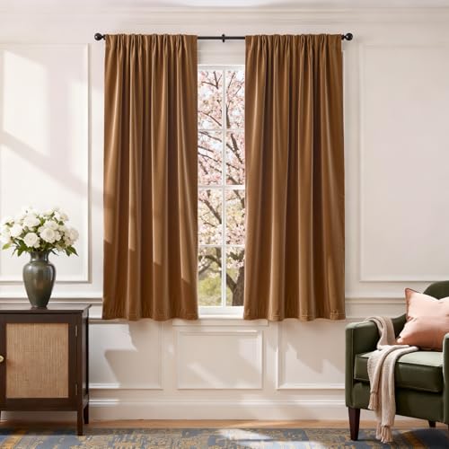 Lazzzy Blackout Golden Brown Velvet Curtains Rod Pocket 52×63 Inch 2 Panels | Soft Velvet, For Small Windows, Kitchens & Bathrooms, Light Shifting Texture, Elegant Luxury Drape, Rich, Rod Pocket - color: R | Gold Brown, size: 52"W x 63"L (Pack of 2)