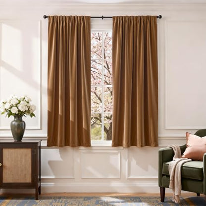 Lazzzy Blackout Golden Brown Velvet Curtains Rod Pocket 52×63 Inch 2 Panels | Soft Velvet, For Small Windows, Kitchens & Bathrooms, Light Shifting Texture, Elegant Luxury Drape, Rich, Rod Pocket - color: R | Gold Brown, size: 52"W x 63"L (Pack of 2)