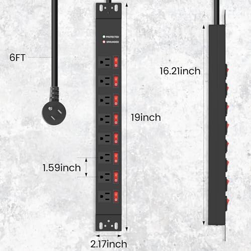 Jgstkcity Rack Mount PDU Power Strips,8 Outlet Surge Protector,Individual Switches,1.5U Rackmount Server Racks,14AWG Heavy Duty Extension Cord,2700J,15A 125V 1875W (Standard Power Cord, 6 FT Cable) - size: 6 FT Cable