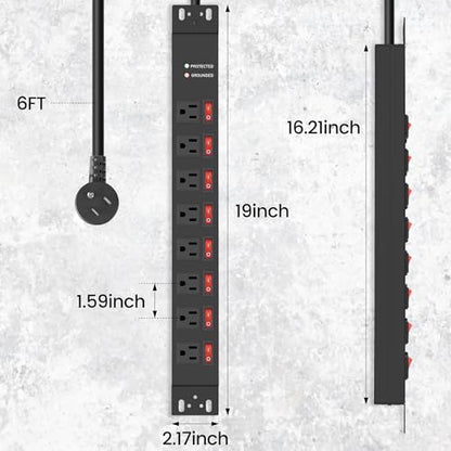 Jgstkcity Rack Mount PDU Power Strips,8 Outlet Surge Protector,Individual Switches,1.5U Rackmount Server Racks,14AWG Heavy Duty Extension Cord,2700J,15A 125V 1875W (Standard Power Cord, 6 FT Cable) - size: 6 FT Cable