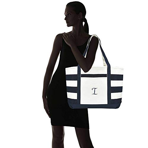 DALIX Premium Beach Bags Striped Navy Blue Zippered Tote Bag Monogrammed A - Z - color: I