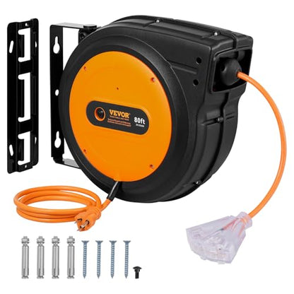 VEVOR Retractable Extension Cord Reel, 80 FT, Heavy Duty 12AWG/3C SJTOW Retractable Power Cord with Lighted Triple Tap Outlet, 15 Amp Circuit Breaker 180° Swivel Bracket for Ceiling or Wall Mount | 15A Circuit Breaker, with Lighted Triple Tap Outlet, 180°