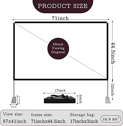 Portable Projector Screen Stand Outdoor: Movie Projection Screen 80 inch 4K HD16:9 Outside Screen with Carry Bag for Home Theater Backyard Cinema Travel Foldable Anti Crease - size: 80 inch