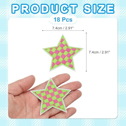 MECCANIXITY 18 Pcs Star Checkered Iron on Patches Embroidered Appliques Sew on Patches for Jacket Denim Collection Clothes Dress Hats Jeans DIY Accessory, Green/Rose Pink - color: Green/Rose Pink