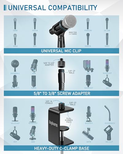 KC32 9-Inch Gooseneck Mic Stand, Heavy-Duty Desk Clamp for Podium | Flexible Arm Microphone Holder, Lectern Mount, 5/8-27 Thread, 3/8-16 Adapter, Mic Clip, Podcast, Pulpit, Studio, 3.5 lb Load - size: 9-INCH